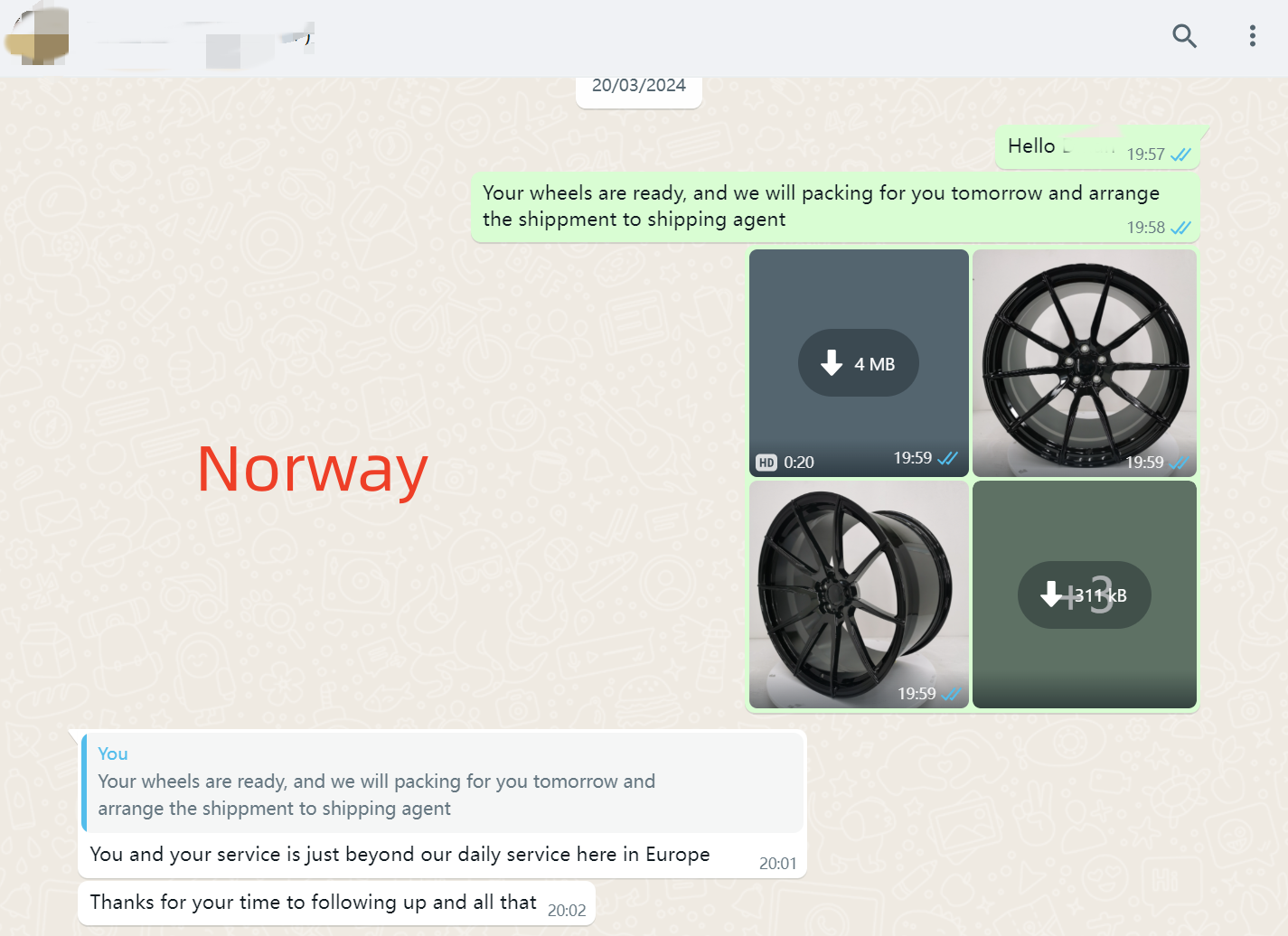 WhatsApp screenshot — Norwegian workshop praising FLEXIFORGED service versus European standards
