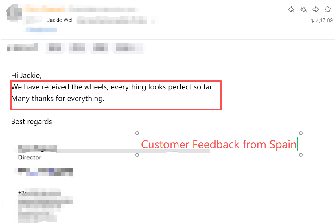Customer email — Spanish car manufacturer director confirming wheels received in perfect condition