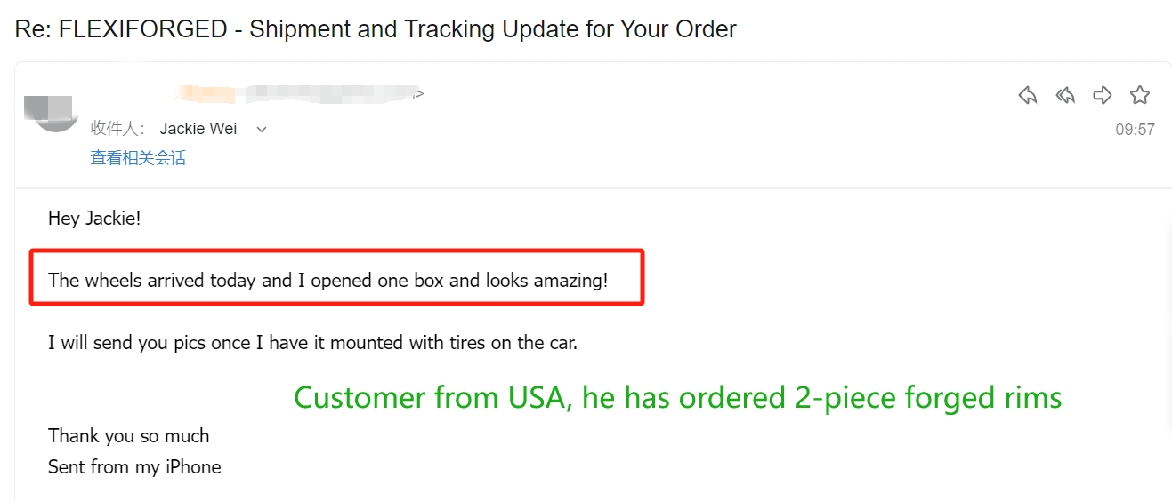 Customer email — US customer opening the first box of 2-piece forged wheels on arrival