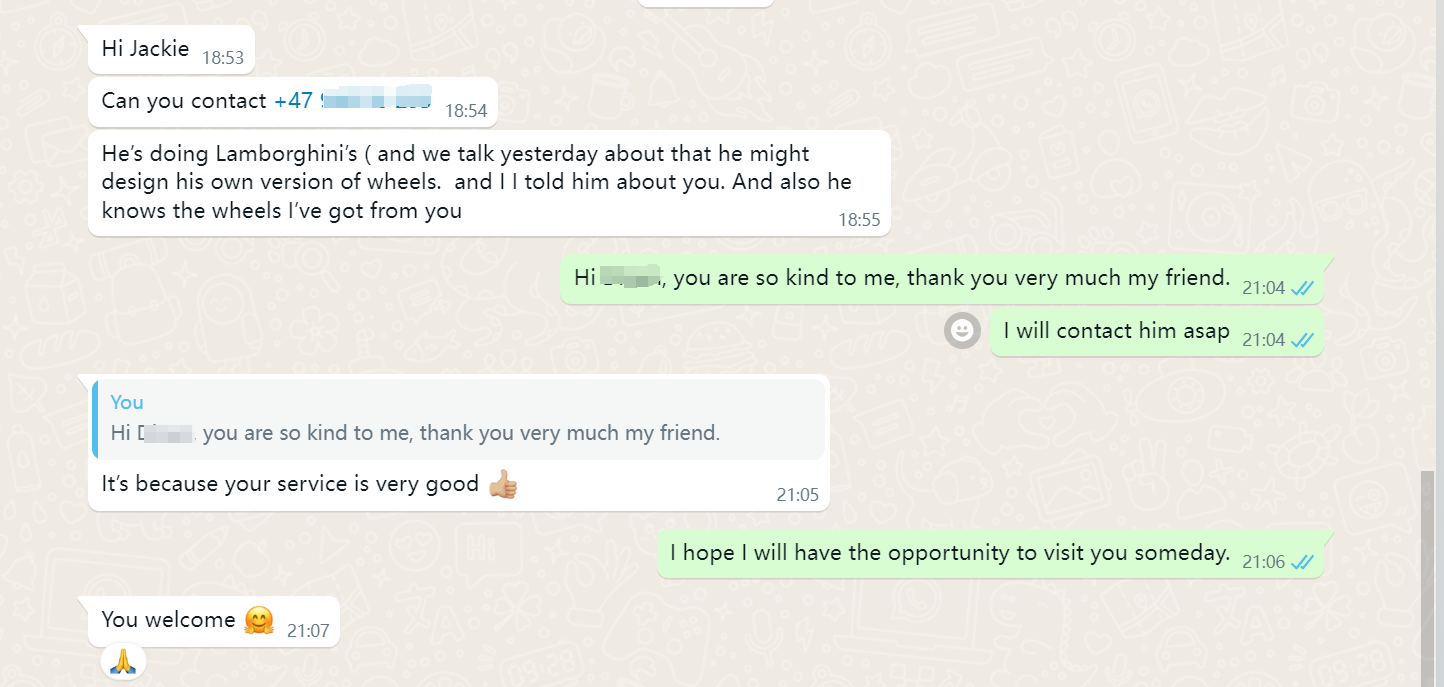 WhatsApp screenshot — Norwegian customer referring a Lamborghini builder to FLEXIFORGED