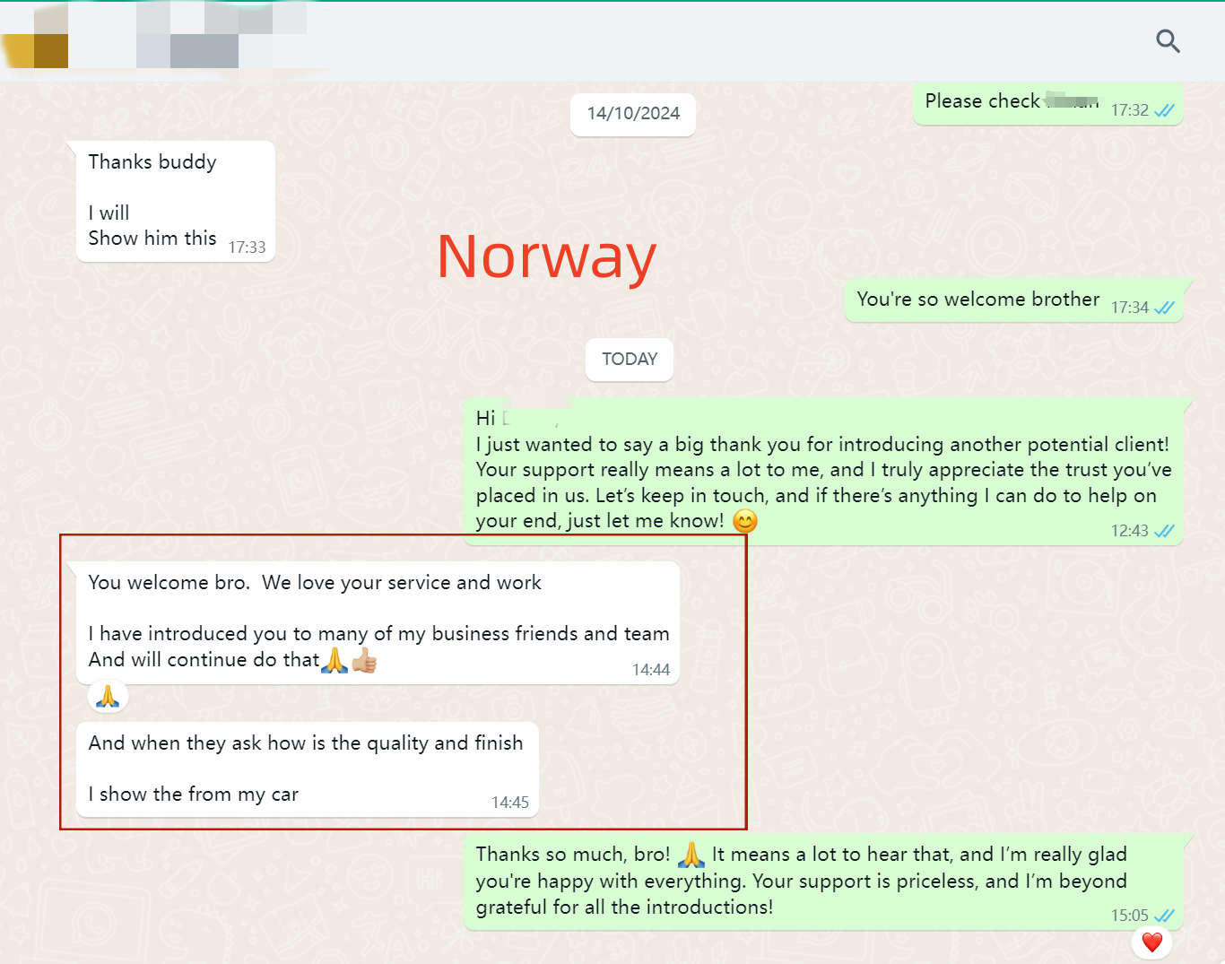 WhatsApp screenshot — repeat customer introducing FLEXIFORGED to business friends, Norway