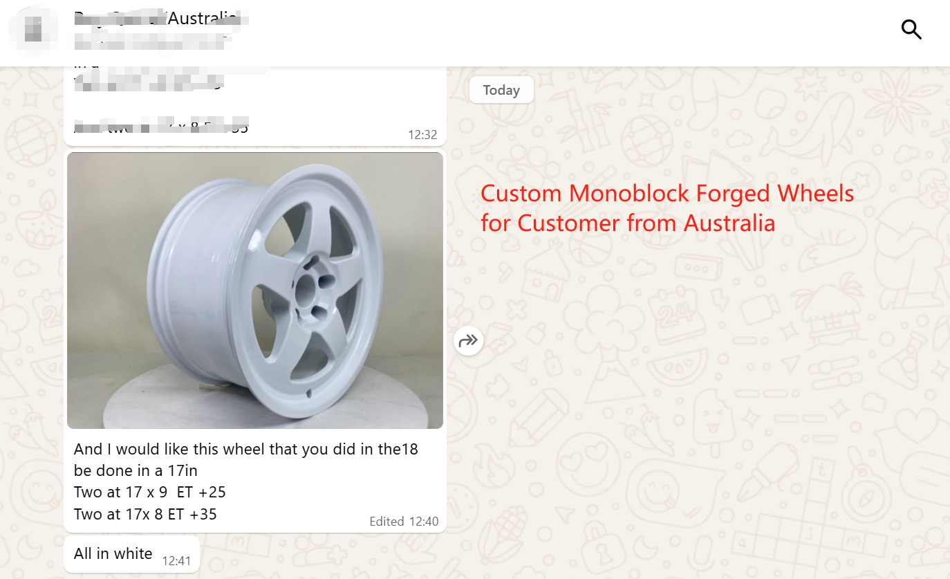WhatsApp screenshot — customer reordering the same monoblock design in a new 17 inch size, Australia