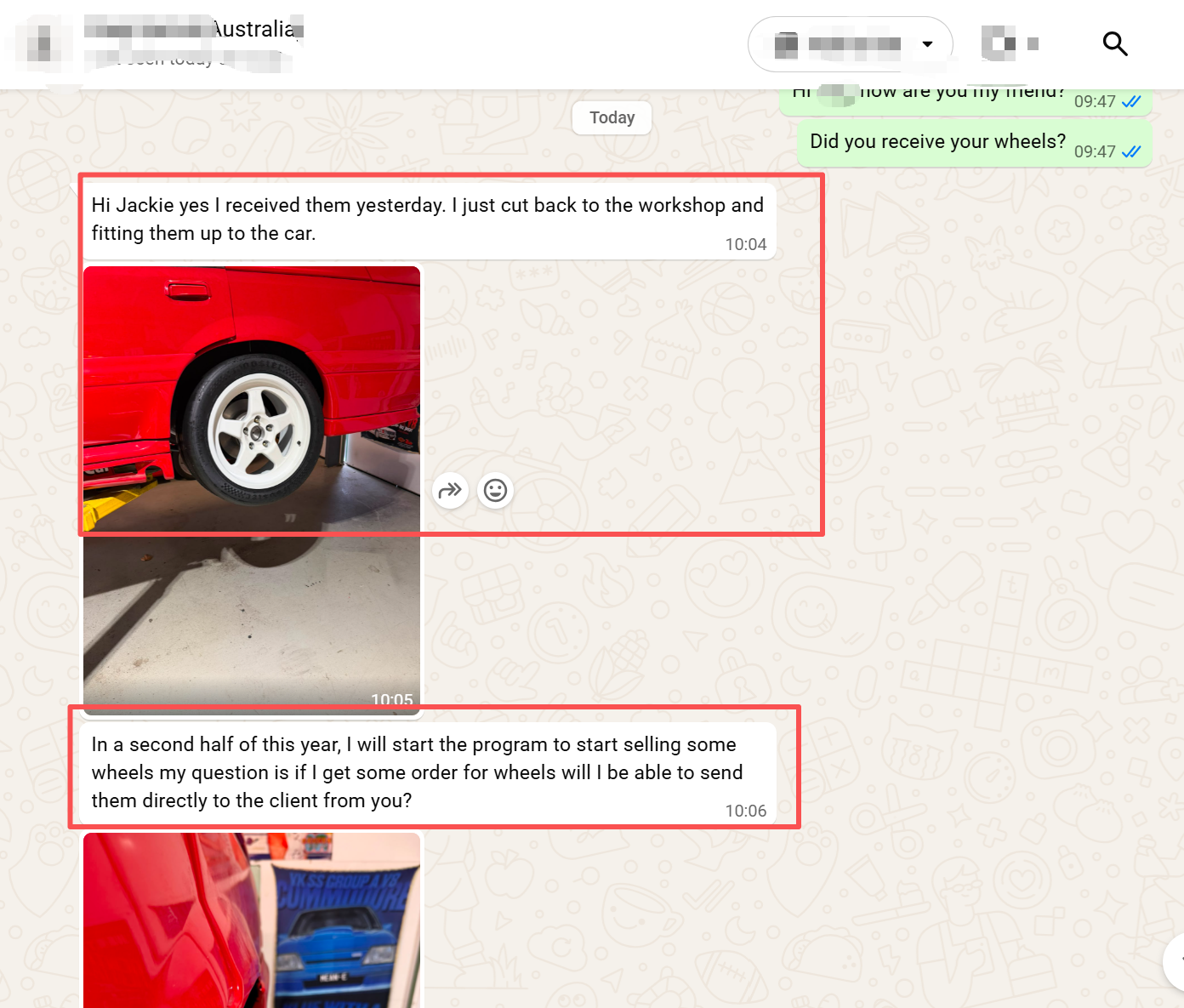 WhatsApp screenshot — Australian workshop fitting new wheels and asking about direct shipping for resale