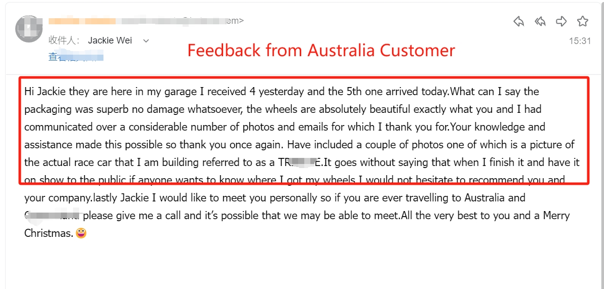 Customer email — race car builder praising packaging and wheels, promising recommendations, Australia