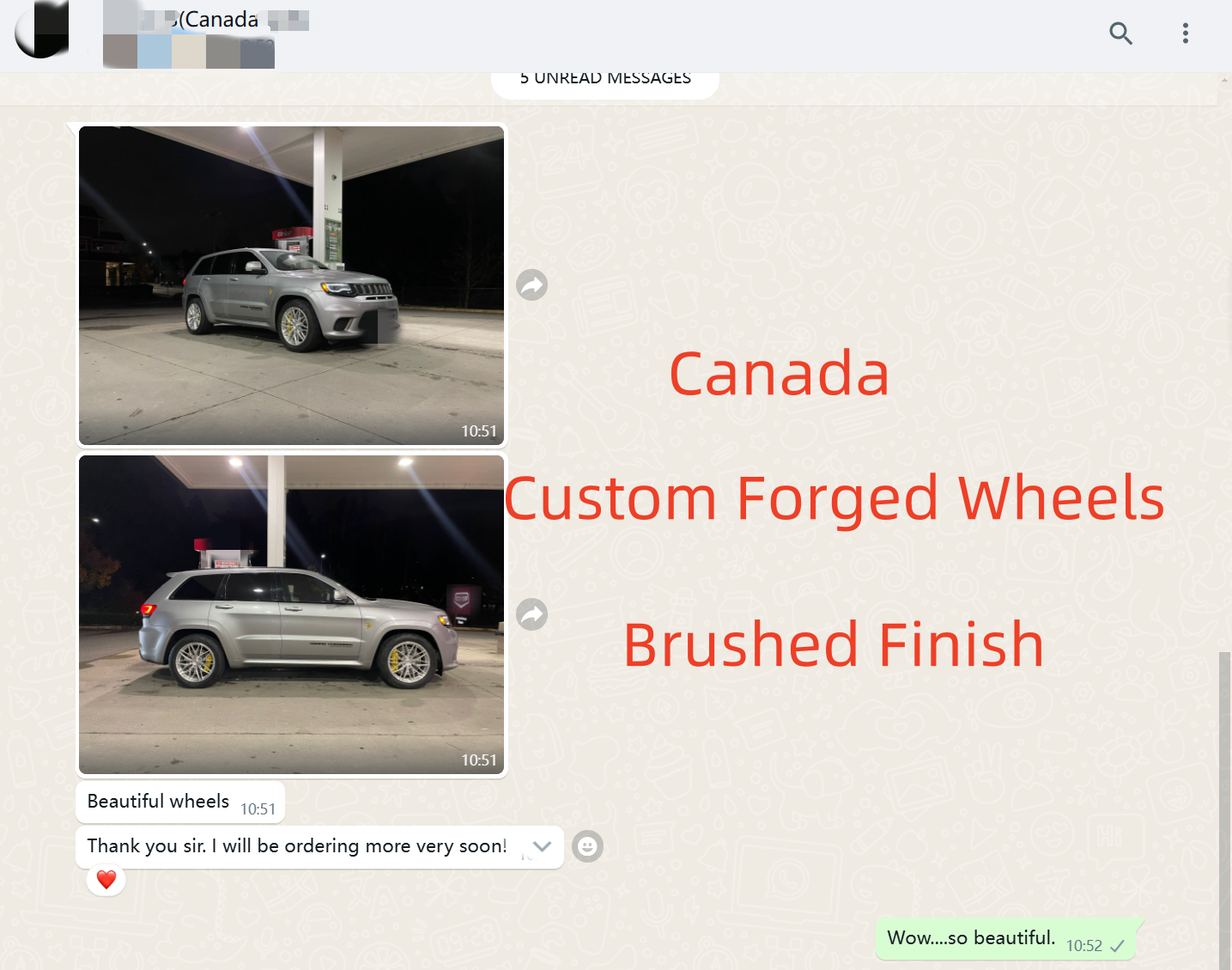 WhatsApp screenshot — Jeep Trackhawk fitted with custom forged wheels, dealer ordering more soon, Canada