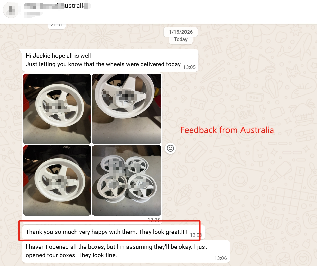WhatsApp screenshot — white forged wheels delivered to Australia, customer opening the first boxes