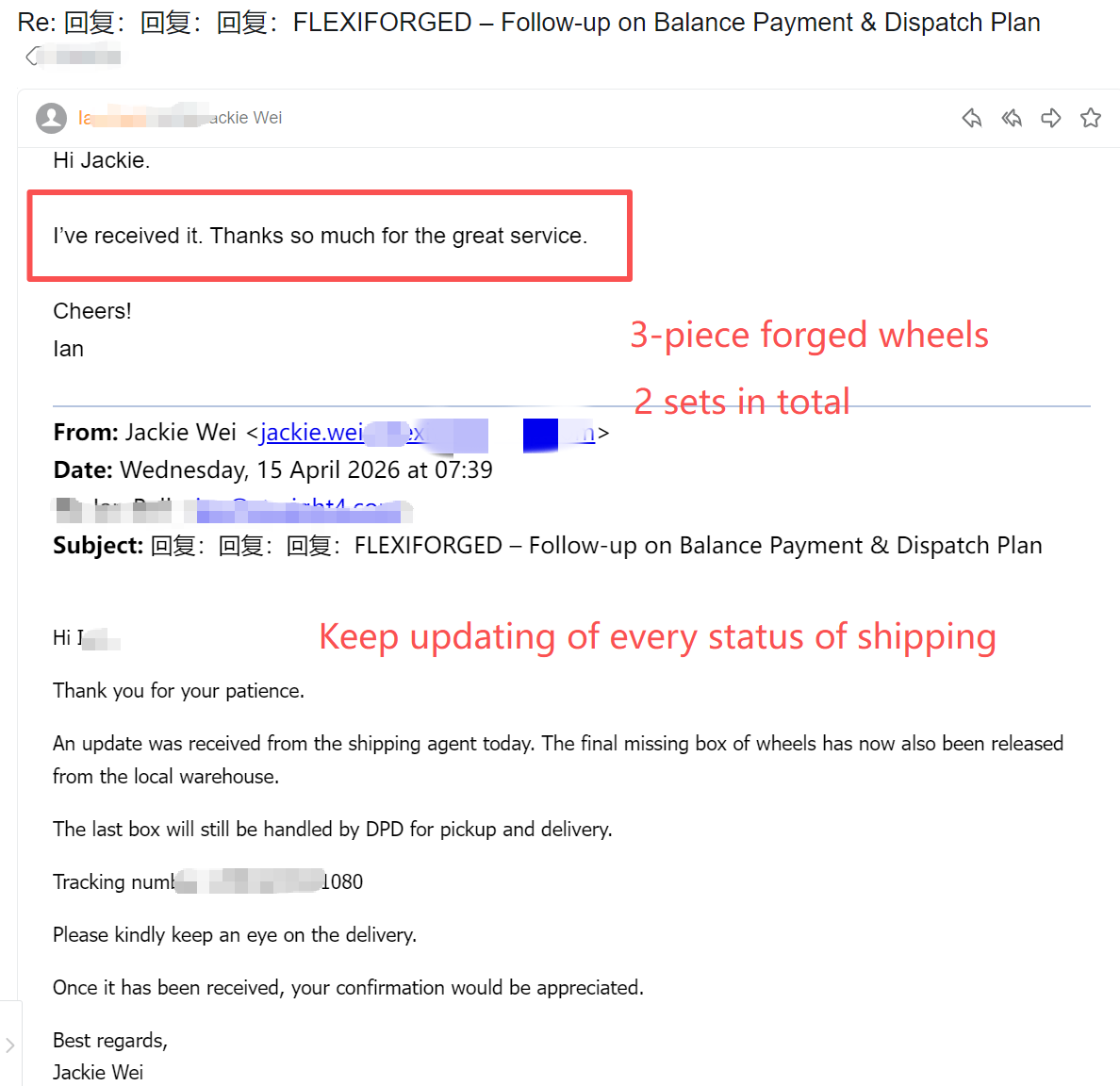 Customer email — Australian dealer thanking for service after a split shipment was tracked box by box