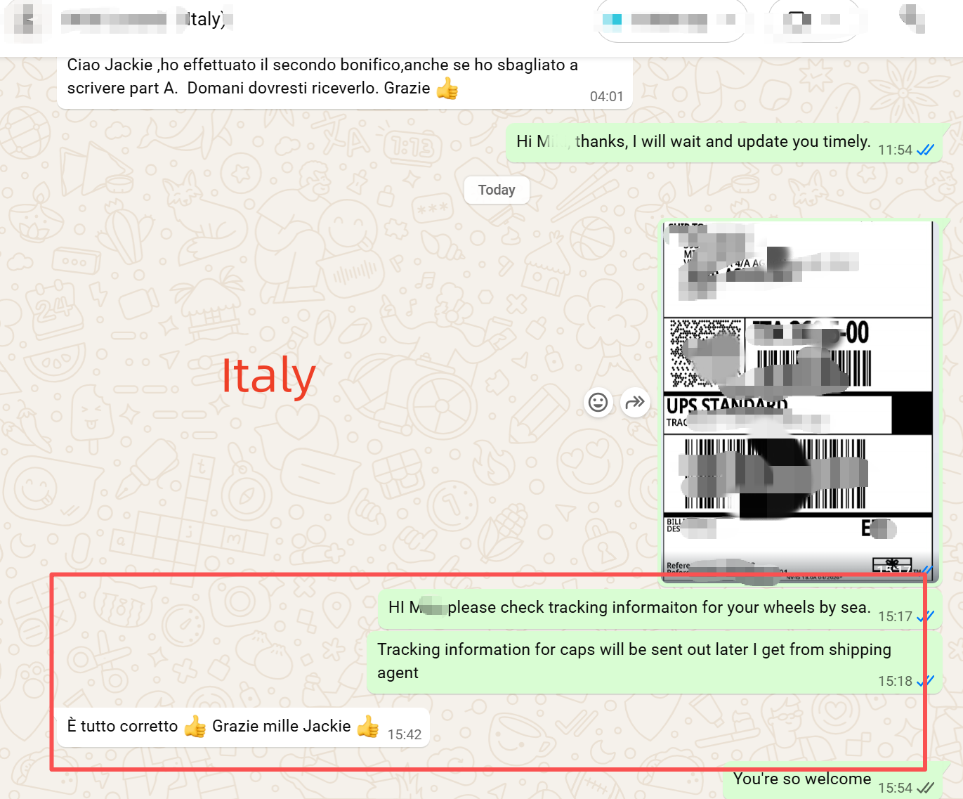 WhatsApp screenshot — Italian dealer confirming sea freight tracking for wheels and separate tracking for caps