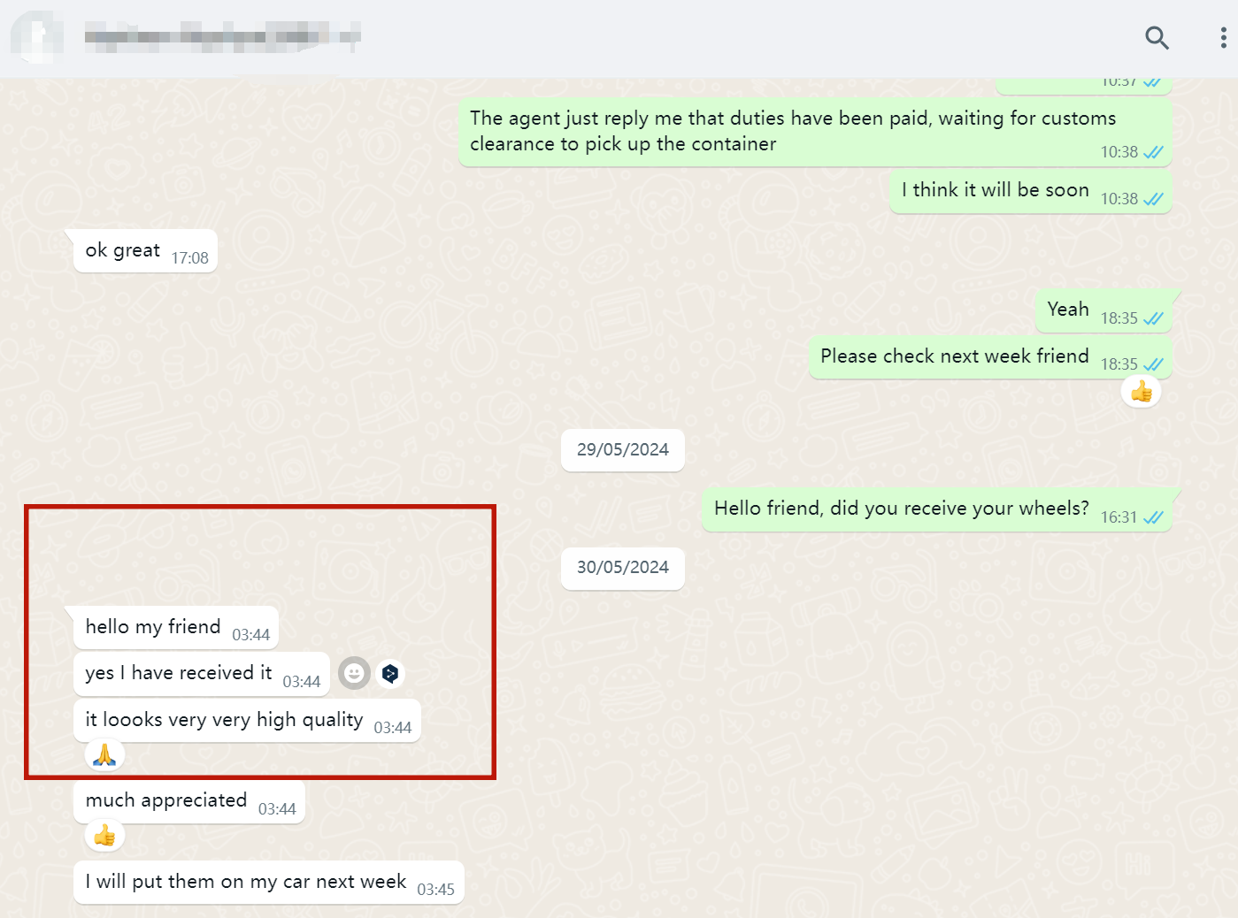 WhatsApp screenshot — customs clearance updates through to delivery confirmation in Saudi Arabia