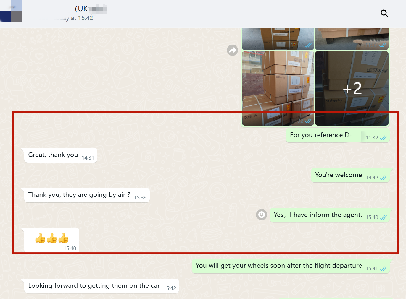 WhatsApp screenshot — boxes labeled with the customer name confirmed for air freight to the UK