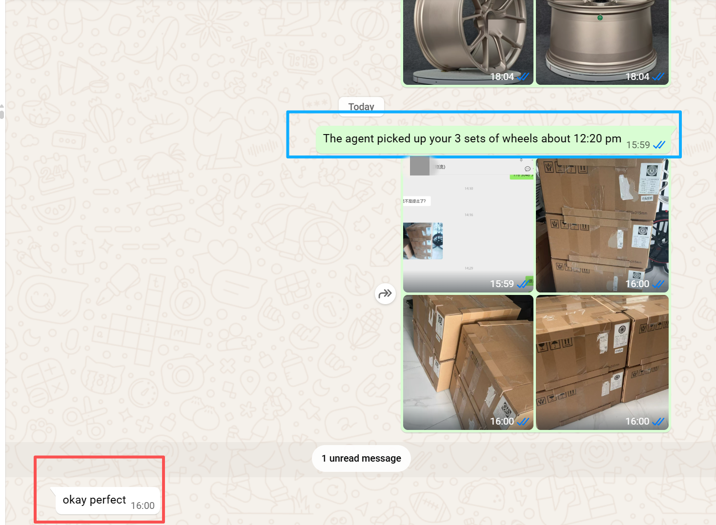 WhatsApp screenshot — shipping agent pickup of three sets of forged wheels reported with photos