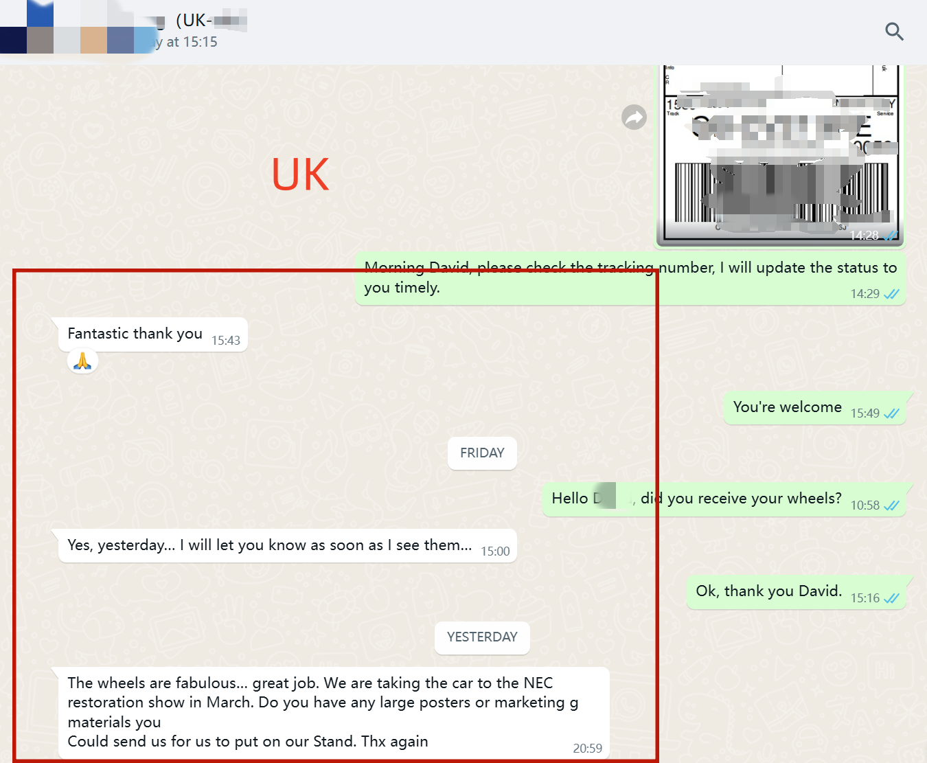 WhatsApp screenshot — UK restoration shop asking for FLEXIFORGED marketing materials for their NEC show stand