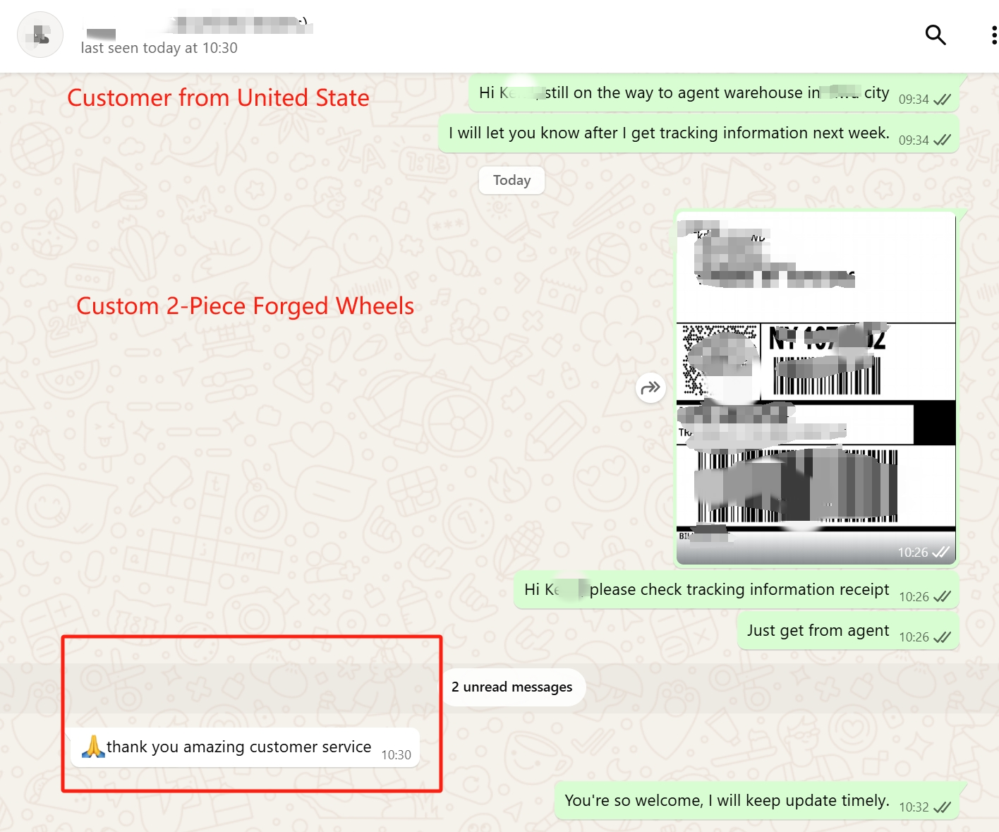 WhatsApp screenshot — US customer thanking for tracking updates on 2-piece forged wheels