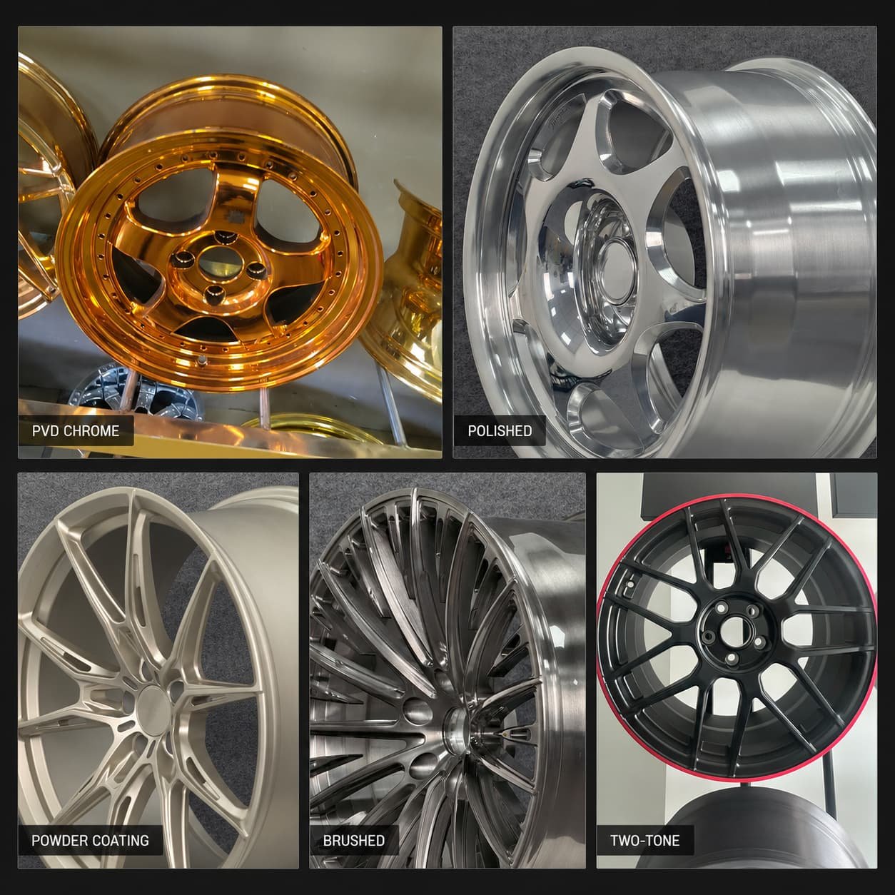 Forged wheel finishes compared: powder coated, brushed, polished and PVD chrome wheels side by side