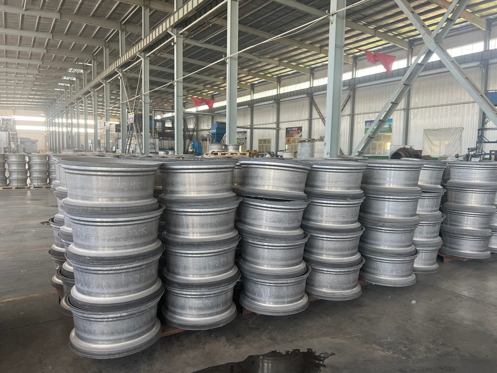 Forged wheel blank stock in the blanks workshop before machining
