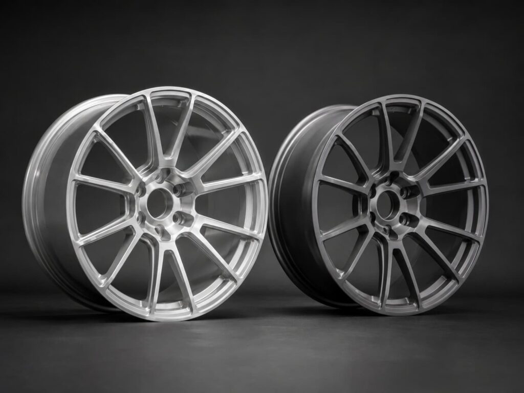 6061-T6 aluminum forged wheel and magnesium forged wheel shown side by side by FLEXIFORGED