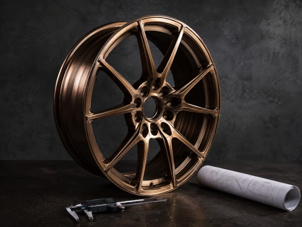 Forged monoblock wheel on an inspection bench with calipers and a technical drawing at the FLEXIFORGED forged wheel manufacturer facility