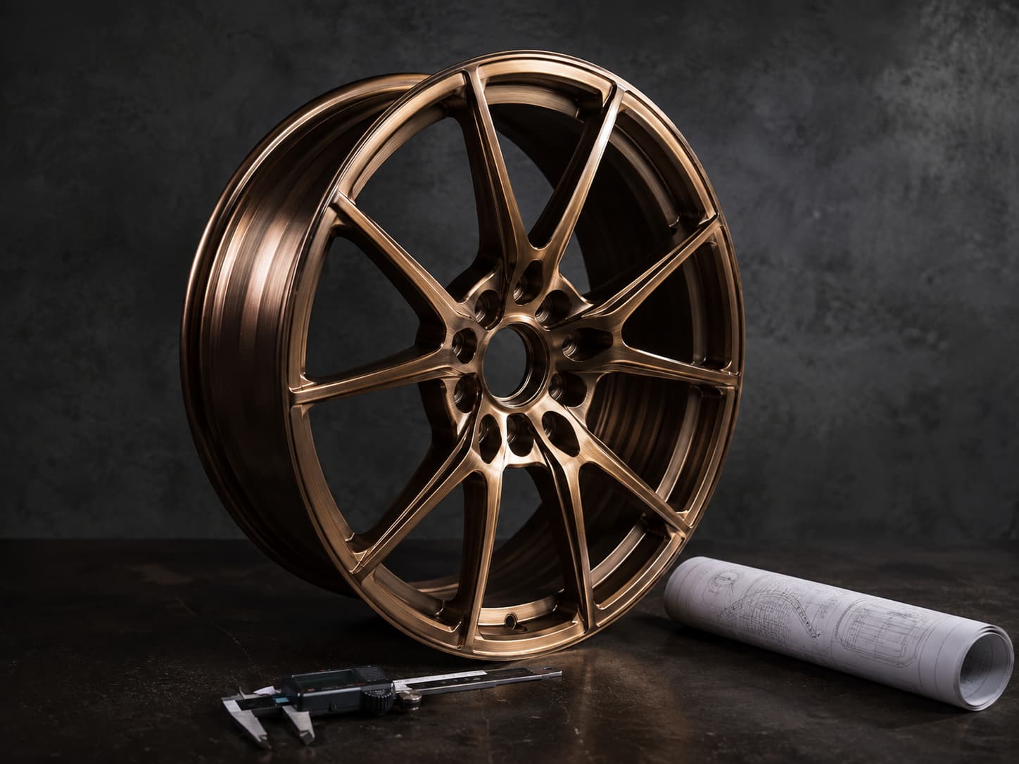 Forged monoblock wheel on an inspection bench with calipers and a technical drawing at the FLEXIFORGED forged wheel manufacturer facility