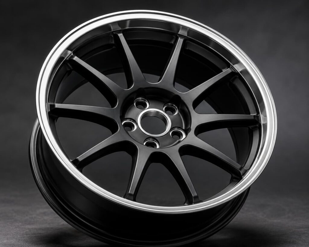 Gunmetal forged aluminium wheel with machined lip, five bolt holes and an open machined center bore — FLEXIFORGED