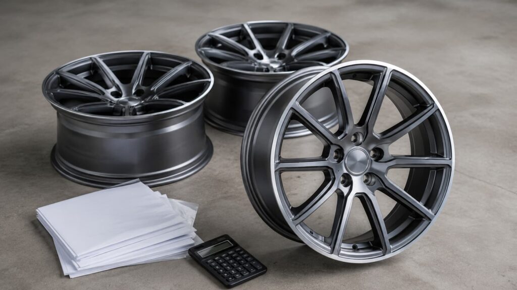 Forged aluminium wheels beside an export proforma invoice, illustrating how to read a FLEXIFORGED forged wheel quotation