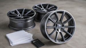 Forged aluminium wheels beside an export proforma invoice, illustrating how to read a FLEXIFORGED forged wheel quotation