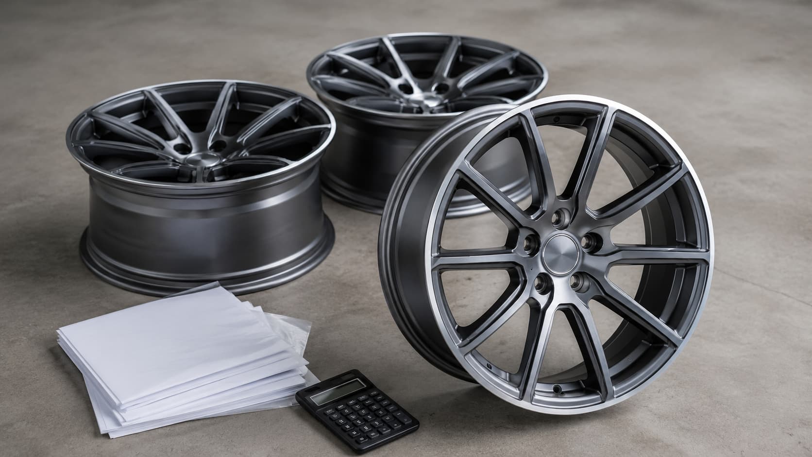 Forged aluminium wheels beside an export proforma invoice, illustrating how to read a FLEXIFORGED forged wheel quotation