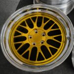 18x8.5 Gold Painted Face, Polished Outer Lip, Machined Silver Inner Barrel forged wheel front view