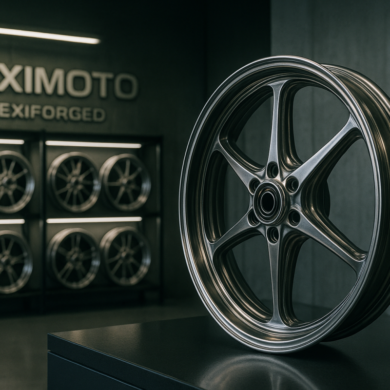 FLEXIFORGED product showroom showcasing a range of forged motorcycle wheels for B2B clients.