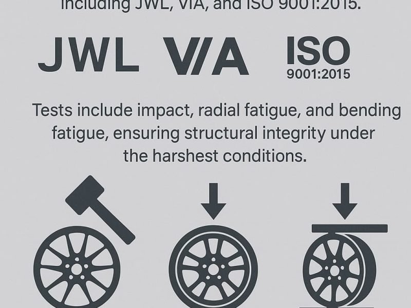Infographic illustrating forged wheel testing and certification standards, featuring JWL, VIA, and ISO 9001:2015 logos with icons showing three test types: impact test with a hammer striking the wheel, radial fatigue test with a rotating wheel under load, and bending fatigue test showing flex under pressure, all on a light gray background.