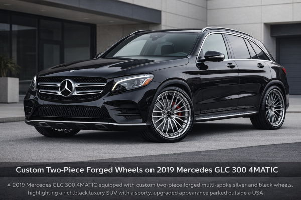 2019 Mercedes-Benz GLC 300 4MATIC fitted with custom two-piece forged multi-spoke wheels by FLEXIFORGED, finished in silver and black, shown in a premium SUV build for the US market